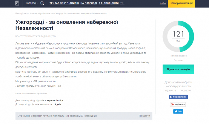 Ужгородці збирають підписи під петицією за оновлення набережної Незалежності