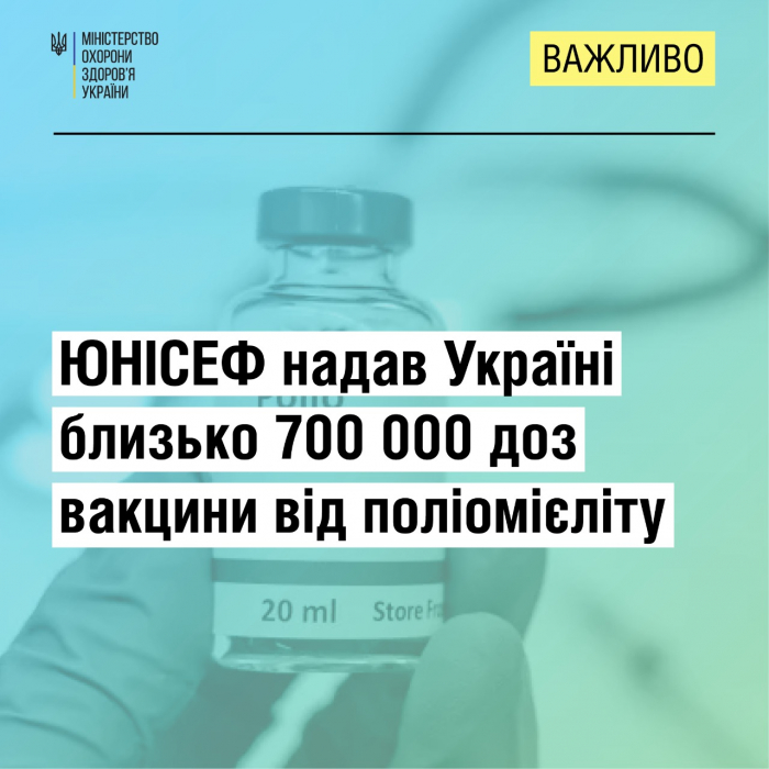 ЮНІСЕФ надав Україні близько 700 000 доз вакцини від поліомієліту