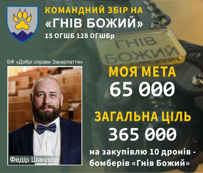 Федір Шандор оголосив збір у рамках проєкту «Гнів Божий» на 10 дронів-бомберів